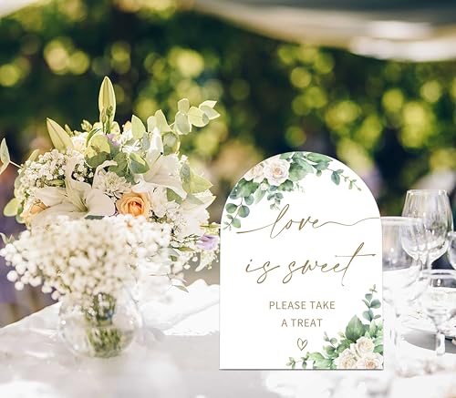 White Rose Love is Sweet Sign, Wedding Ceremony Signs, 6 x 8 Inch Arch Wooden Tabletop Sign with Stand, Wedding Reception Decoration Supplies (BJ05) - color: Love is Sweet