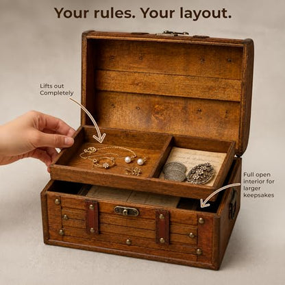 Wooden Treasure Chest with Removable Tray, Pirate Box, Medium 10.5x7x6 in - size: Medium