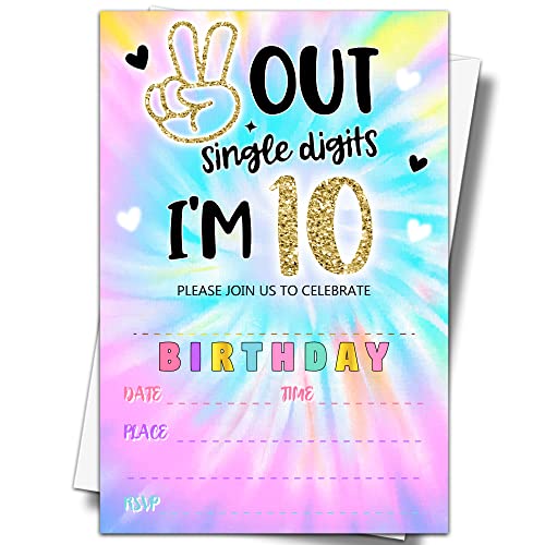 YSTEP Tie Dye 10th Birthday Party Invitations, 20 Invite Cards with Envelopes, 4"x6" Peace out Single Digits Birthday Party Invites - A13 - style: style 2