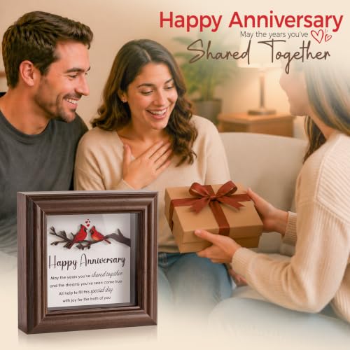 LukieJac Anniversary Cardinal Gifts for Couple - Romantic Anniversario Gift Ideas Wooden Shadow Box Frame for Friends, Sister, Parents, Couples, Grandparents Anniversary Keepsake - color: Cardinal - Happy Anniversary