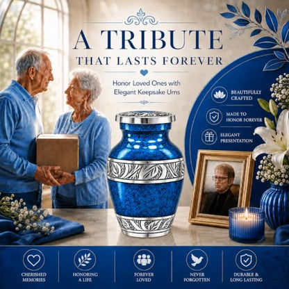Small Urns for Human Ashes – Blue Keepsake Cremation Urns – Handcrafted Mini Urns for Ashes – Premium Aluminum – Holds 3 Cubic Inches of Ashes – Secure Threaded Lid – for Men & Women - size: Blue Small