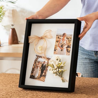 11x14 Shadow Box Frame with Ultra-Clear Glass & Soft Linen Back | With Push Pins and Stand, Deep 1.5" Black Shadow Box Display Case – Display on Tabletop or Wall for Photo, Wedding, Keepsake - color: Black+high Definition Panel + Shatter-proof Packaging,