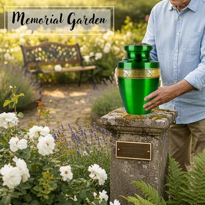CLEENTABLE Hand-Engraved Cremation Urn for Human Ashes, Green - color: Green & Gold, size: Hand-Etched Leaf - 7x11"