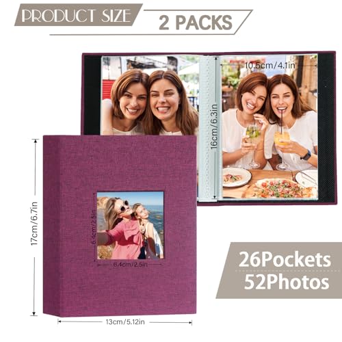 Artmag Mini Photo Album 4x6 50 Pockets 2 Pack, Linen Cover with Front Window Album Each Holds 52 Vertical Photos for Family Wedding Baby Children (Purple) - color: Purple, size: 50 Pockets/2PKS