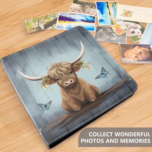 JIPONI Highland Cow and Butterfly Large Photo Album, DIY Leather Cover Scrapbook Albums for 4x6 5x7 6x8 Pictures, Self Adhesive Memory Book for Wedding, Baby, Family - color: Highland Cattle