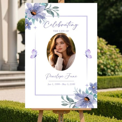 Personalized Celebration of Life Welcome Sign with Photo, Obituary Welcome Sign with Name and Date, Celebrating a Beautiful Life Butterfly Flower Tribute, Butterfly Flower Remembrance Decor, Custom Funeral Welcome Sign (Edition 10) - color: Edition 10
