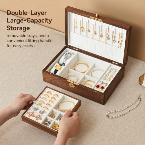 Black Walnut Wooden Lockable Jewelry Box, 2 Layer Large Organizer for Women - color: 2 Layer Large Lockable