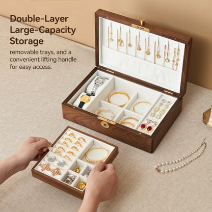 Black Walnut Wooden Lockable Jewelry Box, 2 Layer Large Organizer for Women - color: 2 Layer Large Lockable