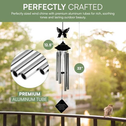 Memorial Wind Chimes for Loss of Loved One, Sympathy Gift, Outdoor Wind Chimes, Silver, 33 Inch