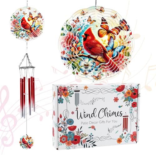 Cardinal Wind Chimes for Outside with 3D Butterfly Spinner, 28" Memorial Wind Chimes for Loss of Loved One, 6 Tuned Aluminum Tubes, Sympathy Gifts for Mom Grandma Garden Patio Decor - color: Cardinal
