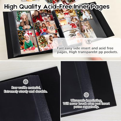 Aevdor Large Capacity 4x6 Photo Album, 1000 Photos, Linen Cover, Black | Black Inner Pages, 3 Horizontal and 2 Vertical Pockets per Side, Front Photo Window, Family, Wedding & Travel Memories - color: Black