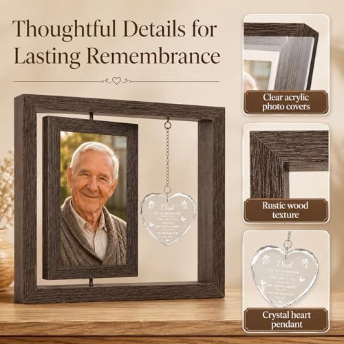 Memorial Gifts for Loss of Dad, Sympathy Gifts for Loss of Father, Rotating Memorial Picture Frame with Crystal Heart Pendant, Bereavement Remembrance Funeral Condolence Grief Gift, Display Two 4x6 Photos - size: Dad