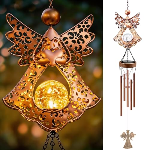 41" Large Angel Solar Wind Chimes for Outside, Metal Garden Decor | Warm Solar Glow & Soft Chimes for Garden Patio - Memorial, Sympathy or Birthday Gift for Mom & Grandma