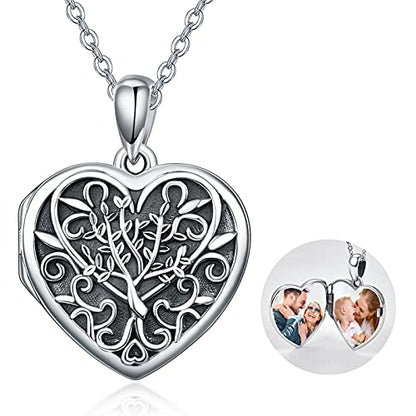 TANGPOET Heart Locket Necklace for Women 925 Sterling Silver Photo Locket Holds Two Pictures Inside Memorial Keepsake Jewelry Gifts for Mothers Day Birthday Christmas - style: F01-Tree of Life