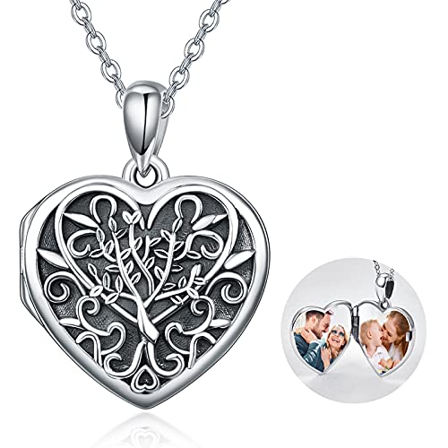 TANGPOET Heart Locket Necklace for Women 925 Sterling Silver Photo Locket Holds Two Pictures Inside Memorial Keepsake Jewelry Gifts for Mothers Day Birthday Christmas - style: F01-Tree of Life