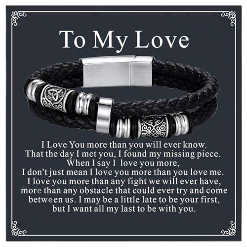 Bestyle Genuine Men Leather Bracelets Fashion Stainless Steel Celtic Beaded Wristband for Men, Size 7.5/8.3/9.1/9.8Inch Men Bracelet, Message Card Offered - style: 1.To My Love Message Card