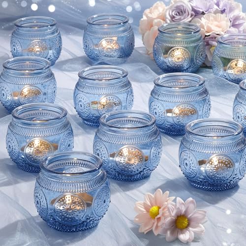 12 Pcs Blue Votive Candle Holders for Bridal Shower Decorations- Floral Style Dusty Blue Candle Holder for Wedding Table Centerpieces, Baby Shower Decor - color: Blue