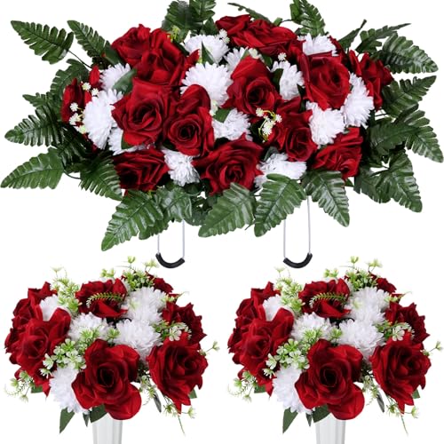 Tigeen 3 Pcs Artificial Cemetery Flowers for Grave Headstone Saddle | Memorial Flowers Funeral Headstone Saddle Rose and White Chrysanthemum Bouquets with Vase for Headstones Gravesites - color: Red