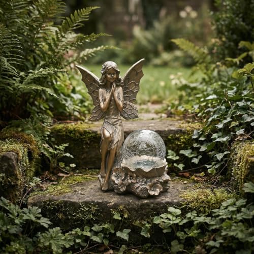 Solar Fairy Garden Statue with Crackled Glass Globe Light - color: Bronze Bronze Fairy