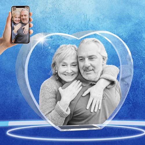 Personalized 3D Crystal Photo, Customized Laser Engraved Glass Picture Frame, Great Anniversary, Birthday, Christmas, Father's Day, Memorial Gifts for Women, Grandpa, Dad, Mom(Heart, Medium) - color: Heart, size: Medium