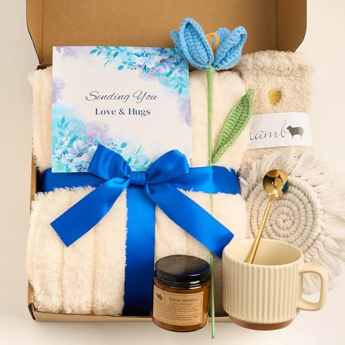 Get Well Soon Gifts for Women, Hug in a Box Care Package with Blanket & Mug, Surgery Recovery Gift Basket for Mom, Grandma, Sister, Friends – Blue Comfort Box with Best Wishes for Mother's Day