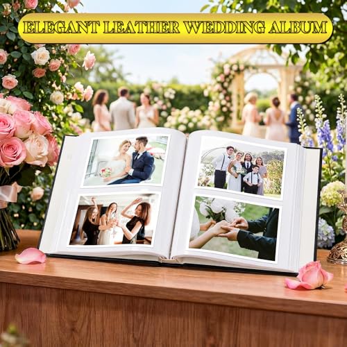 Dunzoom Memory Photo Album Holds 200 Pcs 4 x 6 Inch Leather Wedding Anniversary Family Photo Album with Front Window Double Heart Memory Scrapbook for Couple Gifts () - style: Black Our Wedding