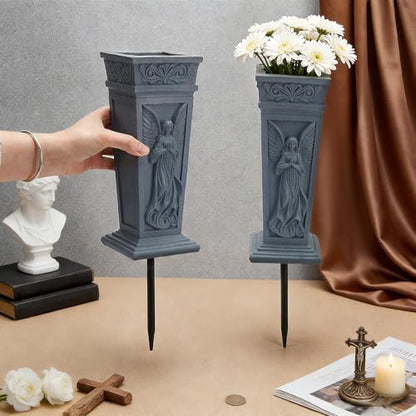 2Pcs Cemetery Flowers Vase, Angel Carving Cemetery Vase Memorial Grave Vases Resin Flowers Holder for Headstone Mausoleums Garden Lawn Yard Outdoor Decorations, Gray