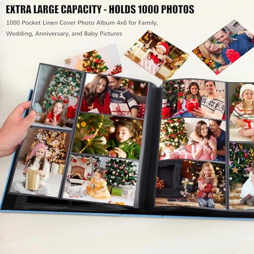 Aevdor Large Capacity 4x6 Photo Album, 1000 Photos, Linen Cover, Blue | Black Inner Pages, 3 Horizontal and 2 Vertical Pockets per Side, Front Photo Window, Family, Wedding & Travel Memories - color: Linen Blue