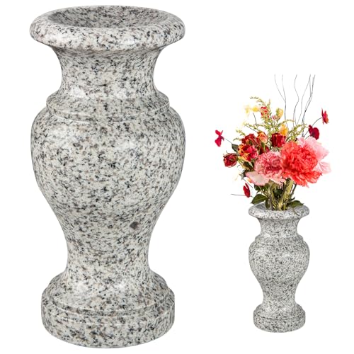 Cemetery Vase, Turned Granite Vase Polished, Memorial Stone Vases with Draining Holes for Home Tabletop, Cemetery Flowers, Grave Headstone Decorations (1pc, Grey) - color: Gray