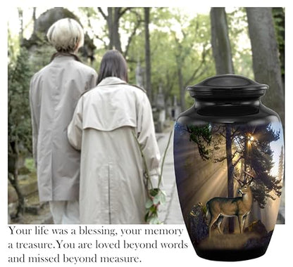 Gone Hunting Deer Cremation Urn with Sunrays – Majestic Buck Memorial Urn for Human Ashes – Handcrafted Full Size Adult Funeral Urn up to 200 lbs with Velvet Bag (Large) - size: Adult