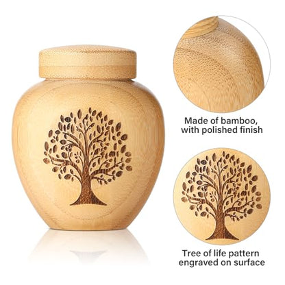 Small Urns for Human Ashes Made of Bamboo Set of 2,Mini Cremation Urns for Human or Pet Ashes,Decoration Urns Ashes Container with Tree of Life Pattern Engraved