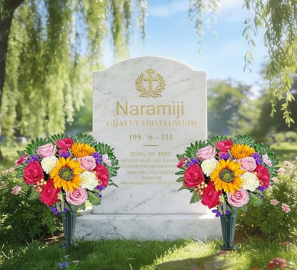 Artificial Cemetery Flowers for Grave Vase - Gravesite Flowers,Headstone Decorations with Sunflower Rose Hibiscus Daisy Mix Bouquet