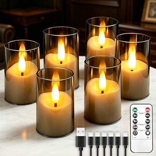 Rechargeable Flameless Candles with Timer Remote | 1.7"x2.6" Clear Acrylic LED Tea Lights Candles,Small Votive Electric LED Candles for Home Wedding Holiday Decor Gray(6 Pack) - color: Gray