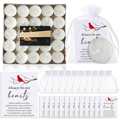 Coume 50 Set Funeral Party Favors Memorial White Candles Unscented Funeral Gifts Tealight Candles with Condolence Bereavement Cards, Organza Bags for Guest Celebration of Life Decorations (Cardinal) - style: Cardinal