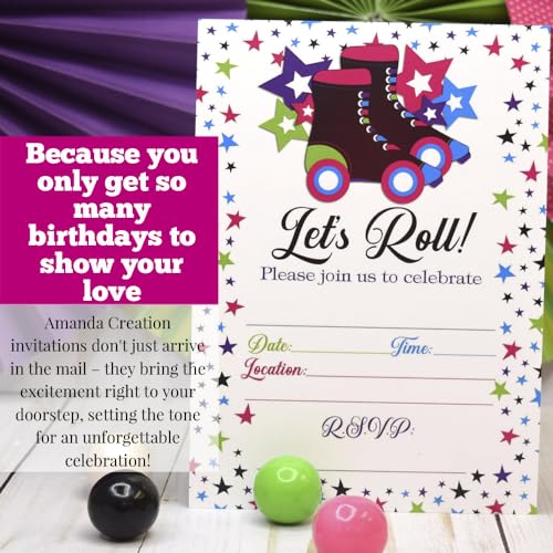 Let’s Roll Star Roller Skating Birthday Party Invitations, 20 5x7 Fill In Cards with Twenty White Envelopes by AmandaCreation - style: Let’s Roll Star Roller Skating