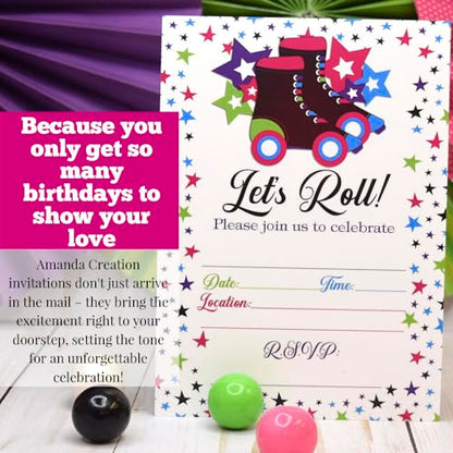 Let’s Roll Star Roller Skating Birthday Party Invitations, 20 5x7 Fill In Cards with Twenty White Envelopes by AmandaCreation - style: Let’s Roll Star Roller Skating
