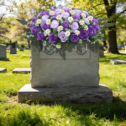Wocst Headstone Flower Saddle,Large Artificial Cemetery Flowers for Grave Artificial Roses Daisy Saddle for Cemetery Headstone (Purple) - color: Purple