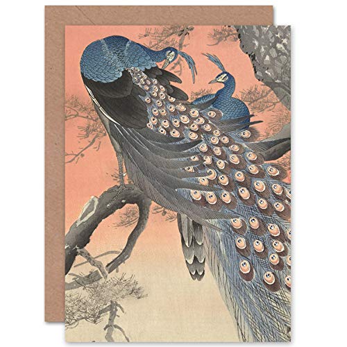 Artery8 Ohara Koson Two Peacocks On Tree Branch Painting Fine Art Greeting Card Plus Envelope Blank Inside - color: Two Peacocks