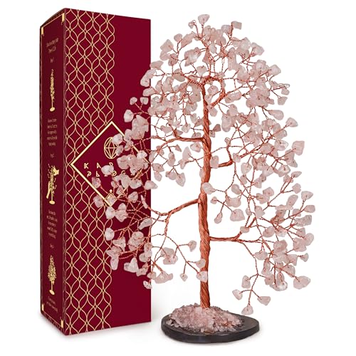KARMAPLEDGE Rose Quartz Crystal Tree of Life Birthday Gifts for Women, Men, Frineds, Handmade Chakra Healing Tree for Home, Room, Office Decor, Bring Money, Positivity, Good Luck, Gifts for Mom & Dad - color: 21 Rose Quartz Slice Base 300 Beads
