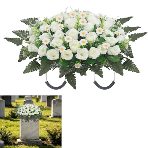 Wocst Headstone Flower Saddle,Large Artificial Cemetery Flowers for Grave Artificial Roses Daisy Saddle for Cemetery Headstone (White) - color: White
