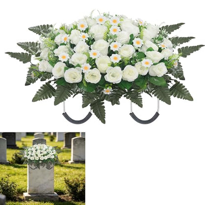 Wocst Headstone Flower Saddle,Large Artificial Cemetery Flowers for Grave Artificial Roses Daisy Saddle for Cemetery Headstone (White) - color: White