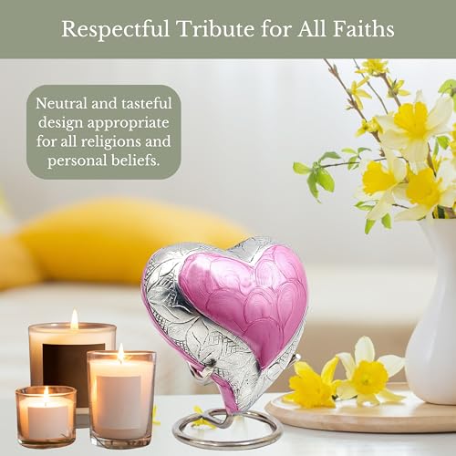 NORSE'S TRADECRAFT Heart Mini Urn for Ashes Adult Male, Female, 3 cu in | Memorial Gifts with Velvet Box & Stand, Handcrafted Cremation Urns for Human Ashes, Pets, Pink Heart with Floral Border