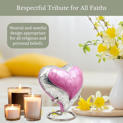 NORSE'S TRADECRAFT Heart Mini Urn for Ashes Adult Male, Female, 3 cu in | Memorial Gifts with Velvet Box & Stand, Handcrafted Cremation Urns for Human Ashes, Pets, Pink Heart with Floral Border