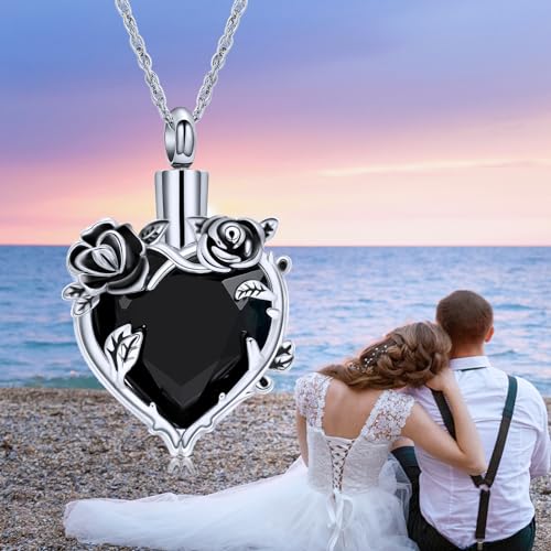 shajwo Cremation Jewelry Rose Flower Heart Urn Necklaces for Ashes for Women Memorial Human Ashes Pendant - color: Black