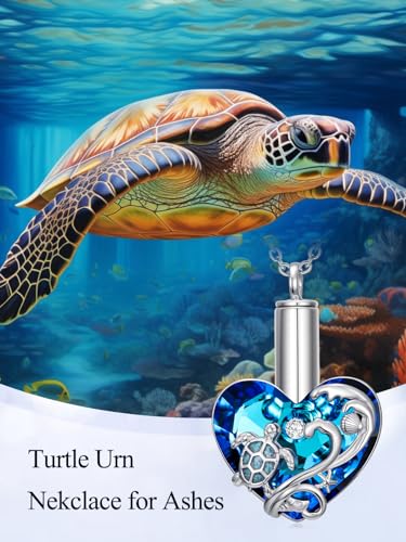 TOUPOP Sterling Silver Urn Necklace for Ashes with Crystal Memorial Keepsake Dragonfly/Butterfly/Cardinal/Cat/Dolphin Cremeation Jewelry Birthday Mothers Day Christmas Gifts for Her Women - style: Sea Turtle