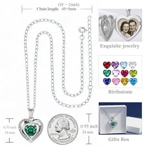 Locket Heart Necklace that Holds Pictures Photo Lockets Birthstone Pendant Anniversary Memorial Jewelry Gifts for Women - color: 05-May-Silver-Heart Locket