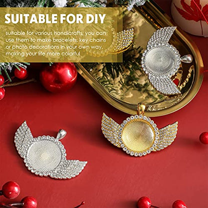 Hicarer 60 Pcs Sublimation Necklace Angel Wing Necklace with Picture | Memorial Necklace Jewelry Blanks Trays Rhinestone Bezel Gold Silver Blank with Chain for Christmas DIY Wedding Souvenir Gift