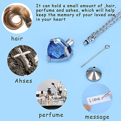 MTLEE 3 Pieces Cremation Urn Necklace for Ashes Vertical Bar Zircon, Heart Crystal Necklace Urn Stainless Steel Waterproof Memorial Pendant - color: Blue Zircon