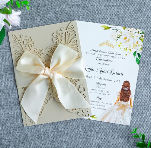 20 PCS Butterfly Quinceanera Invitation, Laser Cut Invitation Cards | 5.12x7.2" Champage Butterfly Quinceanera Invitation with Envelopes for XV Anos Bridal Shower Baby Shower Invite - color: Shinny Champagne