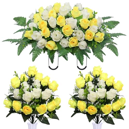 Artificial Cemetery Flower Saddles, Cemetery Memorial Flowers with Vase,Outdoor Grave Saddle Headstone Decorations, Artificial Rose Bouquet Grave Memorial Flowers (Yellow White) - color: Yellow White